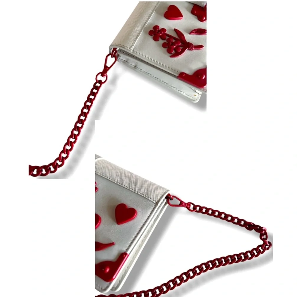 Prada Cahier Wallet On Chain Valentine Heart Applique White Saffiano Red